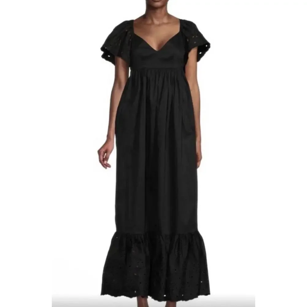 En Saison Barnette Black Midi Dress Eyelet Sleeves Size XS Pockets NWT